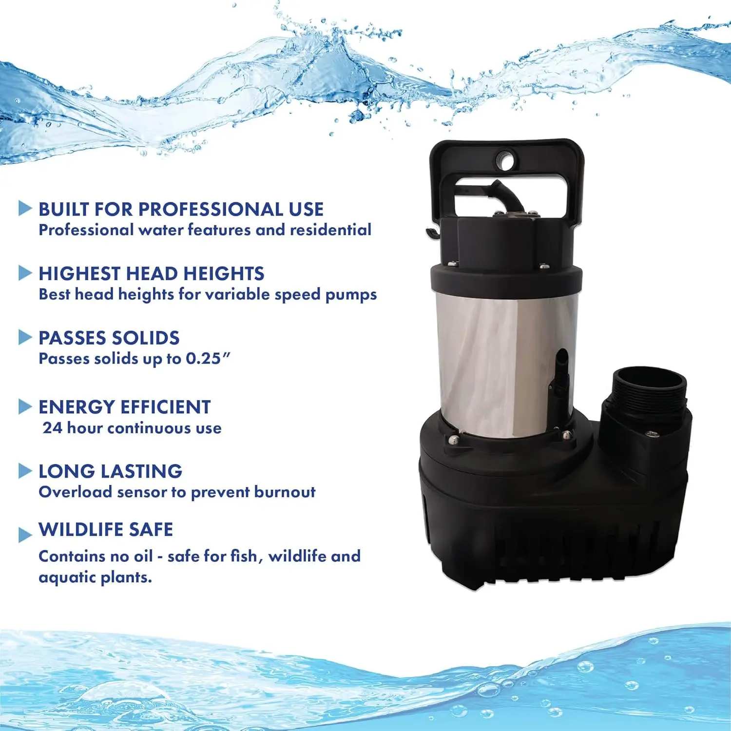 Hybrid Drive Submersible Pump for Ponds, Water Gardens and Pond Free Waterfalls w/ 30' Power