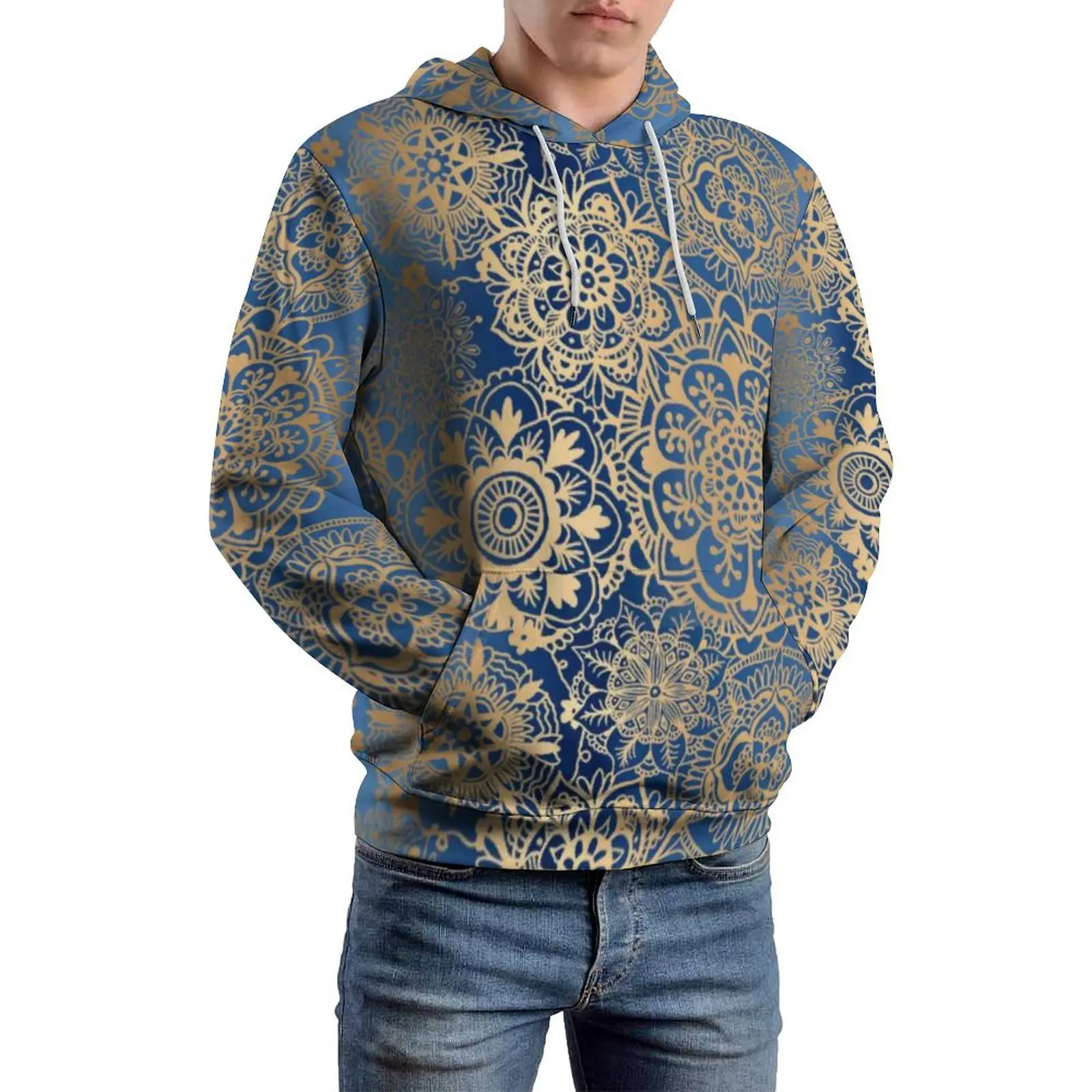 Vintage Metallic Print Loose Hoodies Gold Mandala Pattern Hoodie Couple Long Sleeve Oversized Classic Graphic Hooded Sweatshirts