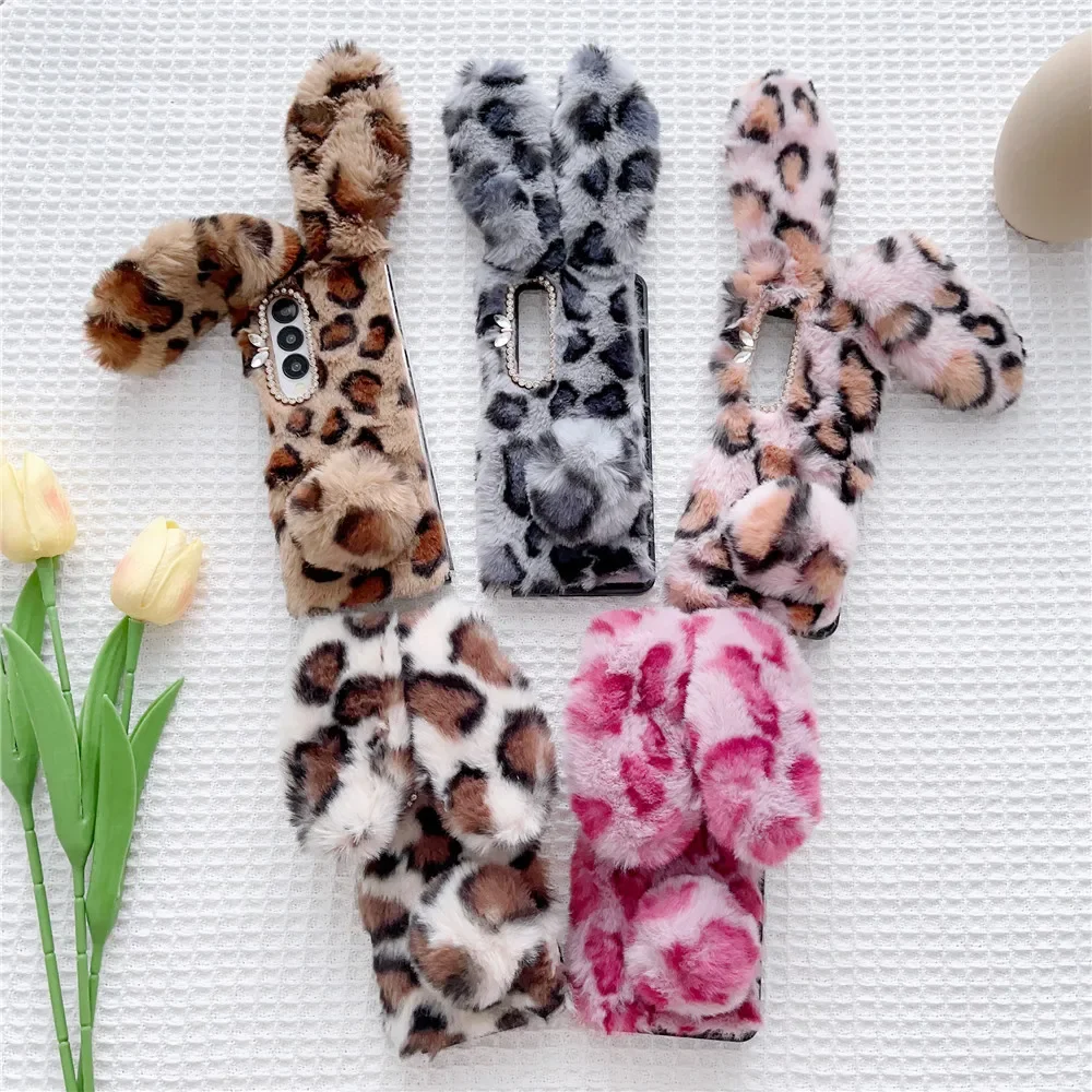 Winter Warn Fashion Diy Cute Leopard Long Bunny Ears Fluffy Plush Fur Phone Case Cover For Samsung Galaxy Z Fold 7 6 5 4 3 5G