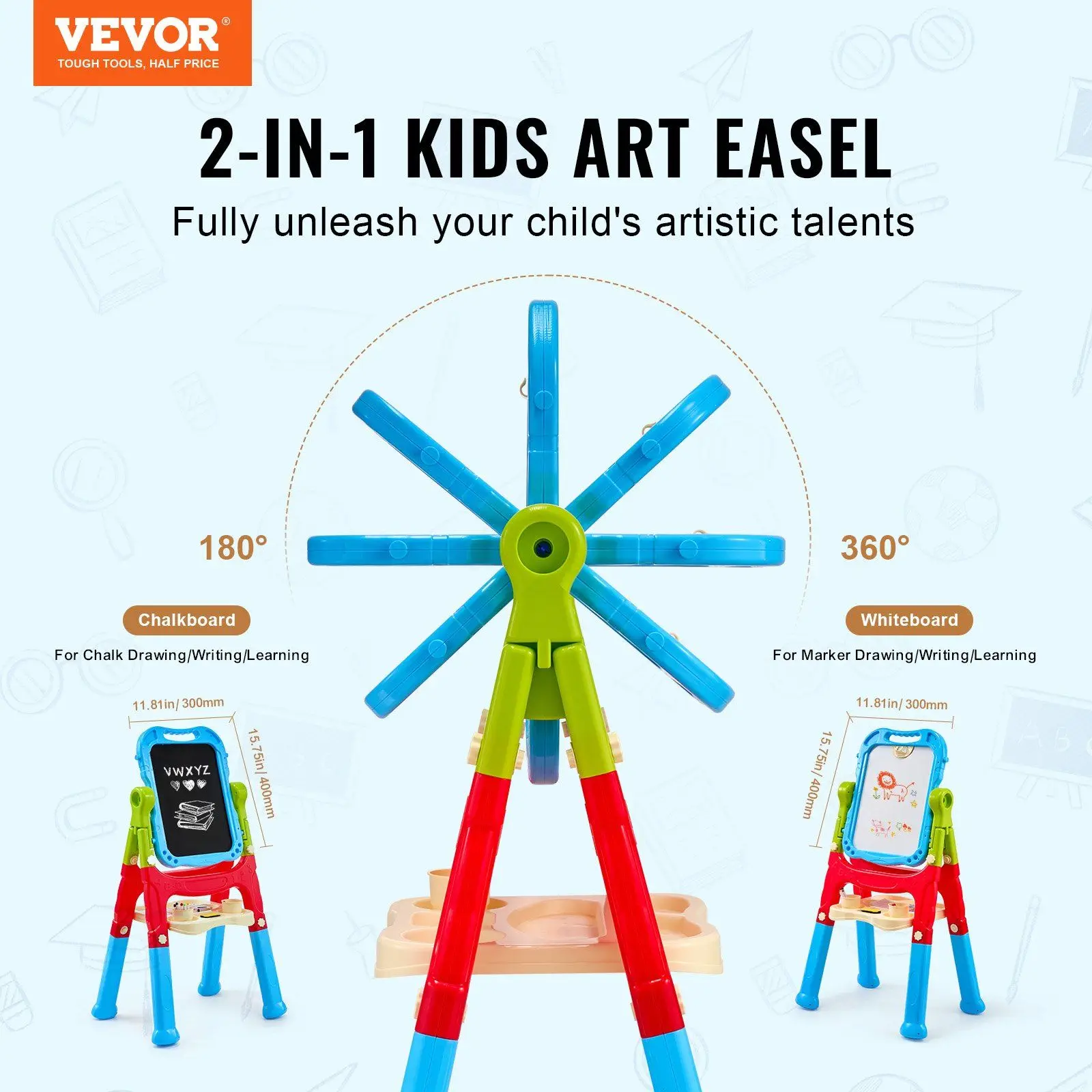 2-in-1 Kids Art Easel Double-Sided Magnetic Whiteboard Chalkboard Rotating