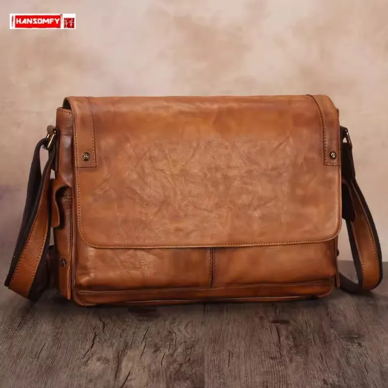 Bolso de mensajero de hombro de cuero Retro para hombre, de gran capacidad Maletín de negocios, bolsas para portátiles, primera capa de cuero hecho a mano, suave