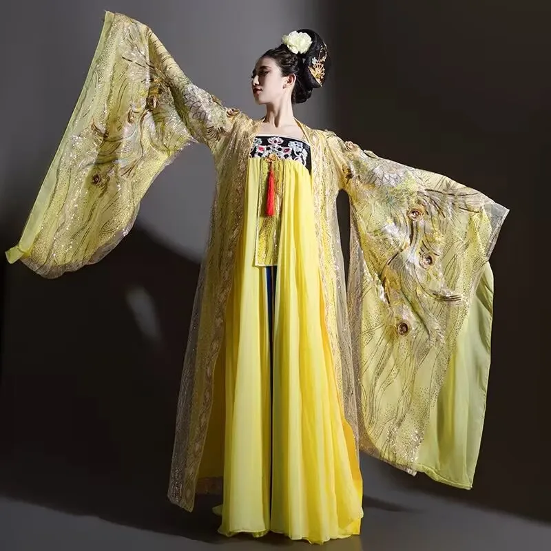 

Chinese Hanfu Dress Women Ancient Traditional Cosplay Costume Vintage Party Yellow Embroidered Hanfu Stage Dance Dress Plus Size