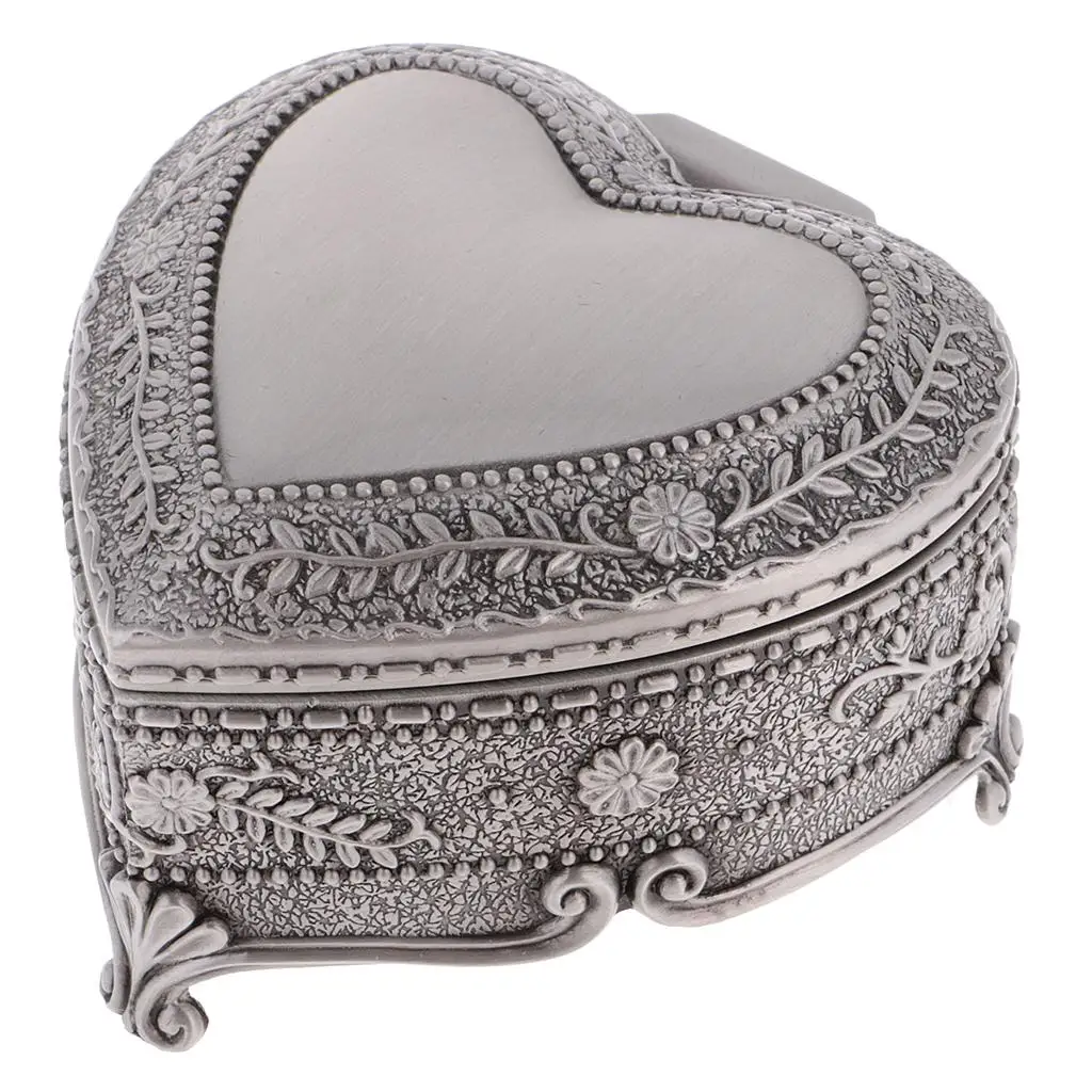 Antique Silver Jewelry Box Heart Design Filigree Casket Organizer for Dresser Bookshelf Bedroom Decoration