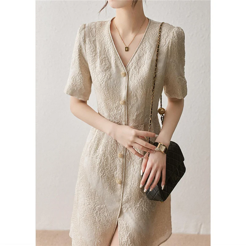 Summer Fashion Bright Silk Vintage Elegant Chic Slim Party Ladies Dresses Button V-neck Short Sleeve Midi Dress Women Vestidos