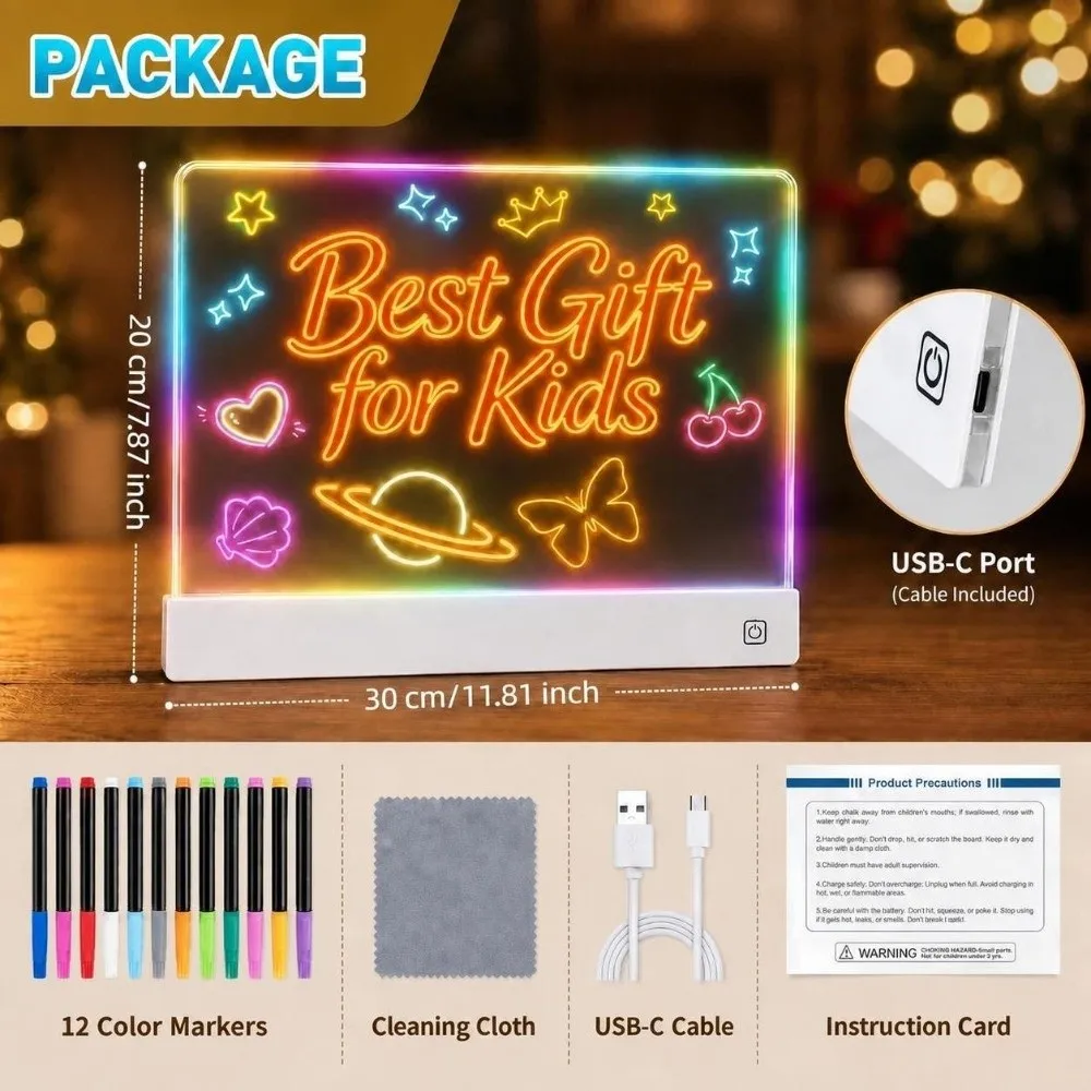 Interactive DIY LED Drawing Board Acrylic with 12 Color Pen Touch-to-Charge Note Board Doodle Board