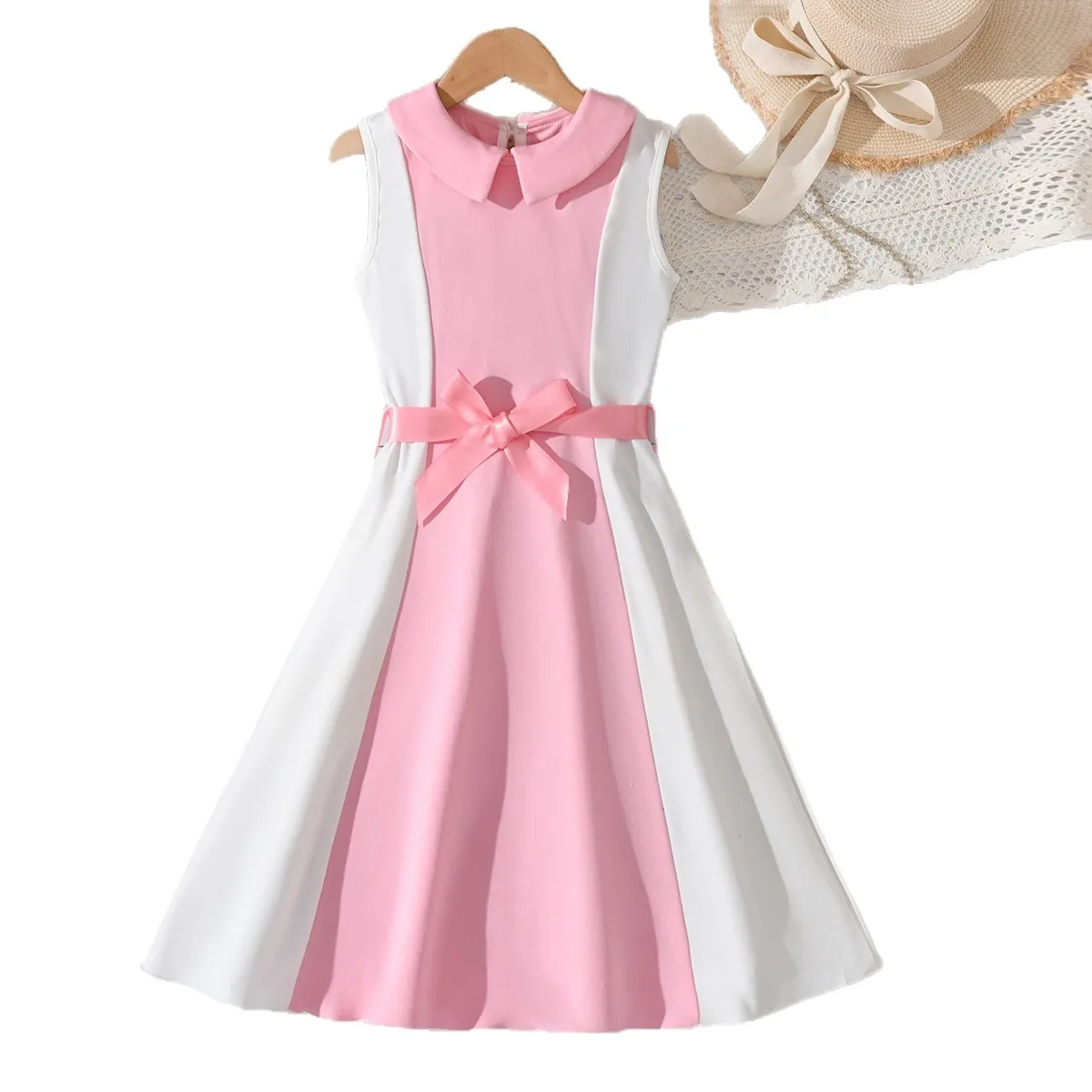 Summer Girl Dress Pink and White Vertical Stripes Spliced Sleeveless Waist Cinching Big Swing Long Dress Children Princess Dress