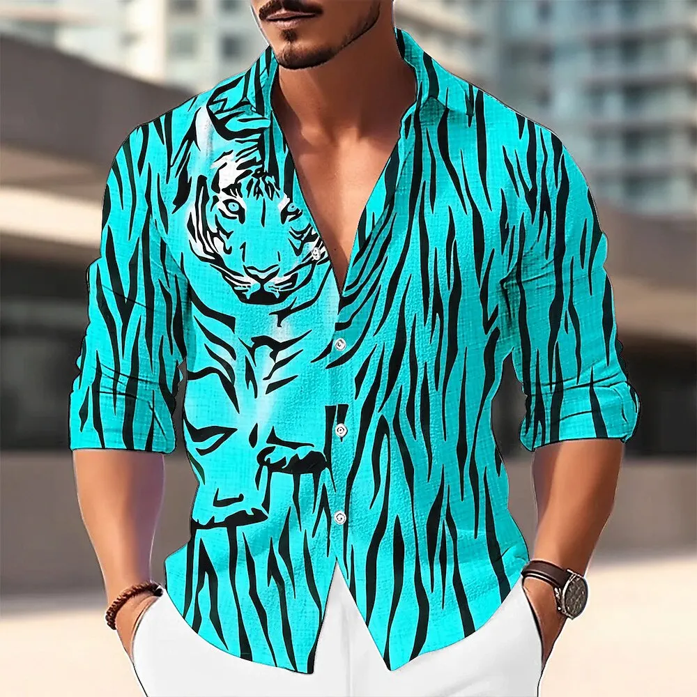Men's Tiger Graphic Long Sleeve Shirt 3D Print Animal Pattern Lapel Button Shirts Fashion Cool Autumn Daily Casual Male Clothing