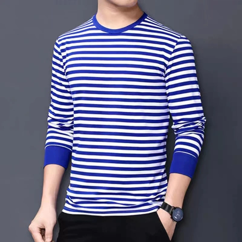 Men\'s Blue White Striped Long Sleeve T-shirt Cotton Blended Round Neck Loose Retro Pullover Top Navy Shirt Base T Shirt L-4XL