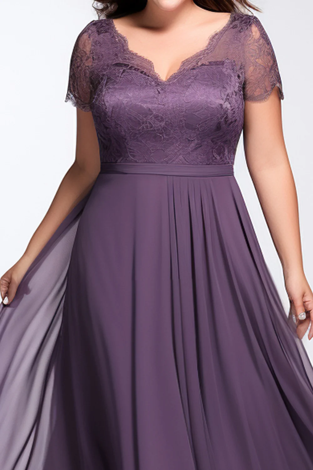 Flycurvy Plus Size Wedding Guest Grape V Neck Lace Tea-length Dress