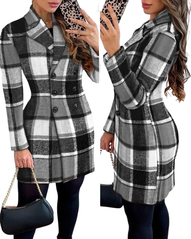 Trench Coat for Women 2023 Winter New Fashion Elegant Polo Warm Plaid Pattern Double Breasted Coat Temperament Commuting