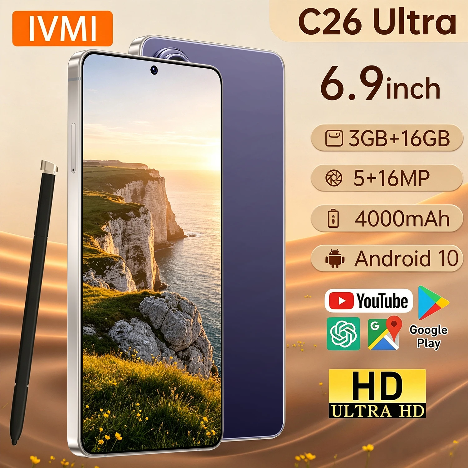 IVMI C26 Ultra Smartphone Android 3GB+16GB 6.9'' Dual SIM GPS Face Unlock 4G Network WIFI Google Play Store Mobile Phones