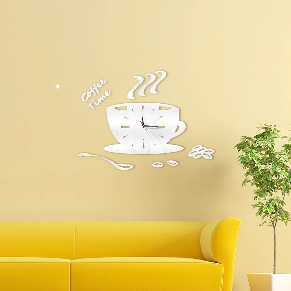 Creative Coffee Cup Wall Clock Sticker Modern Design 3D Mirror Home Decoration Accessories Living Room Background Wall Decor