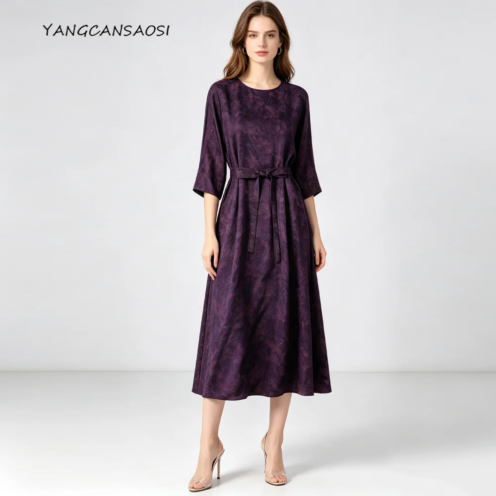 Women's Fashion Autumn New 45MM 100%Natural Mulberry Silk Gambiered Guangdong Gauze Purple Round Neck Three-quarter Sleeve Dress