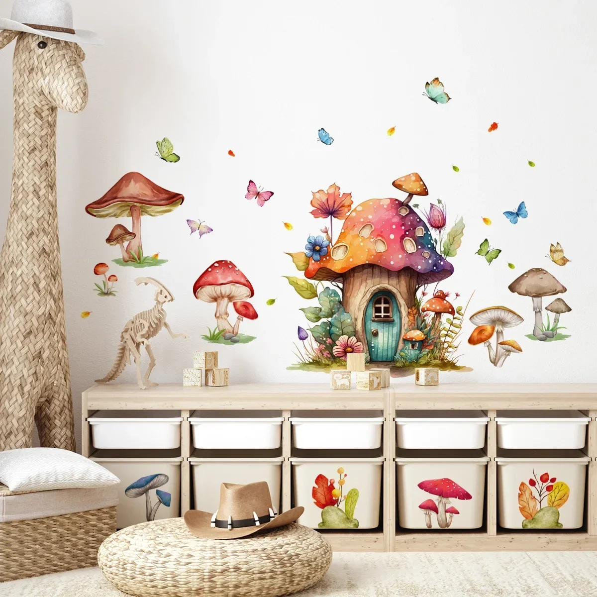 Cute Fairy Tale Style Cartoon Forest Mushroom House Wall Sticker Boy Girl Kids Bedroom Living Room Kindergarten Wall Decoration