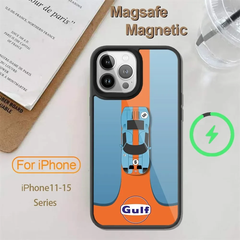 Gulf Racing Car  Phone Case  For iPhone 14 13 12 11 15 Pro Max Plus Mini Magsafe Wireless Charge Cover