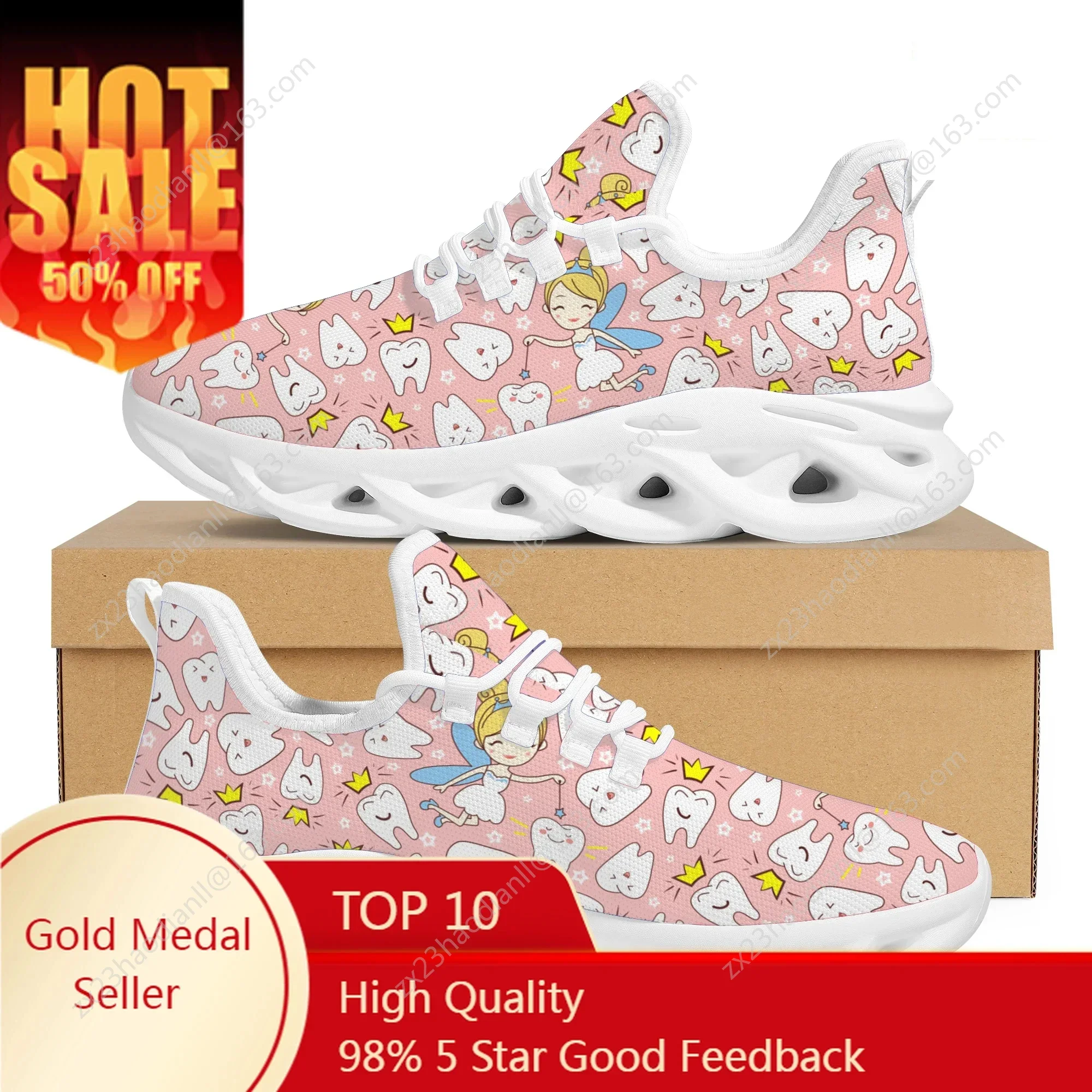 

Pink Crown Teeth Angel Print Mesh Flat Shoes Casual Outdoor Street Trend Lace-up Sneakers Light Non-slip Adult Running Shoes