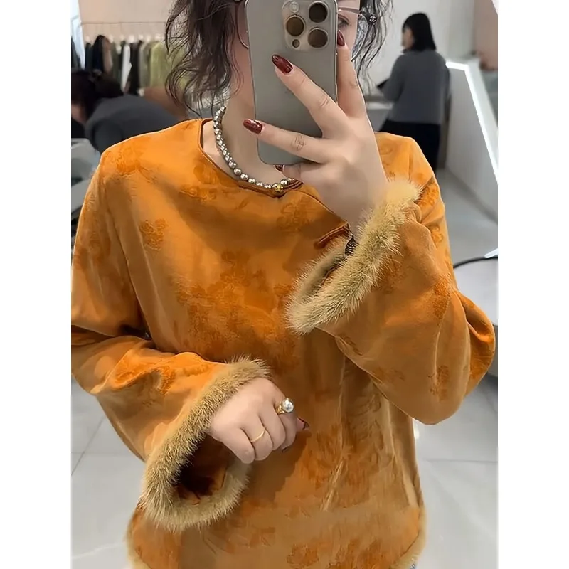 New Chinese-style National-style Shirts for Autumn New Spliced   raw Edge Cuffs Stylish Simple Tops