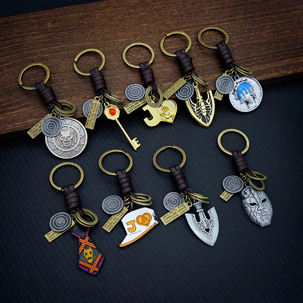 JoJos Bizarre Adventure Keychain Leather Key Chain Keyring Keychains for Men Arrow Anime Accessories Key Ring Pendant llaveros