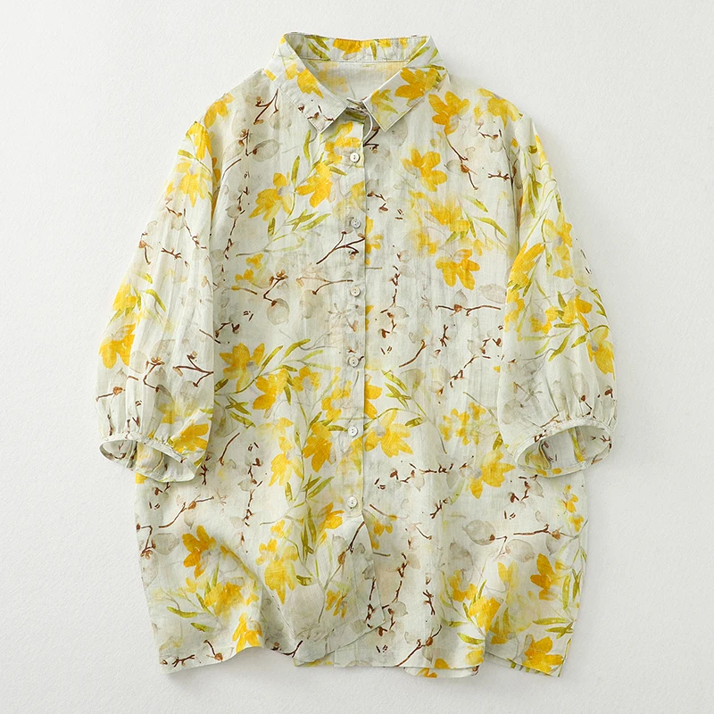 صيف جديد طباعة الأزهار رقيقة القطن البوليستر مزيج المرأة فضفاضة كبيرة الحجم طوق ortsve irt تخفيف Sle Regu... #5