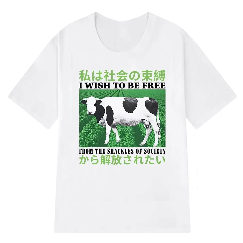 I Wish To Be Free From The Shackles of Society Fun Cow Japanese Vintage T-Shirt Women's Clothing Summer Tee Casual Free Shipping
