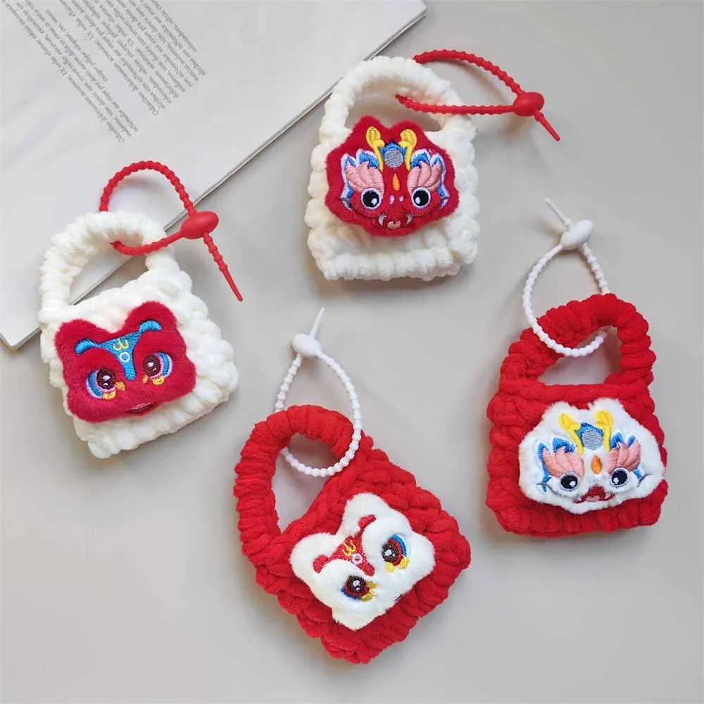 Soft Case Knitted Lion Plush Earphone Bag Lion Dance Handmade Red Plush Earphone Case Dragon Portable