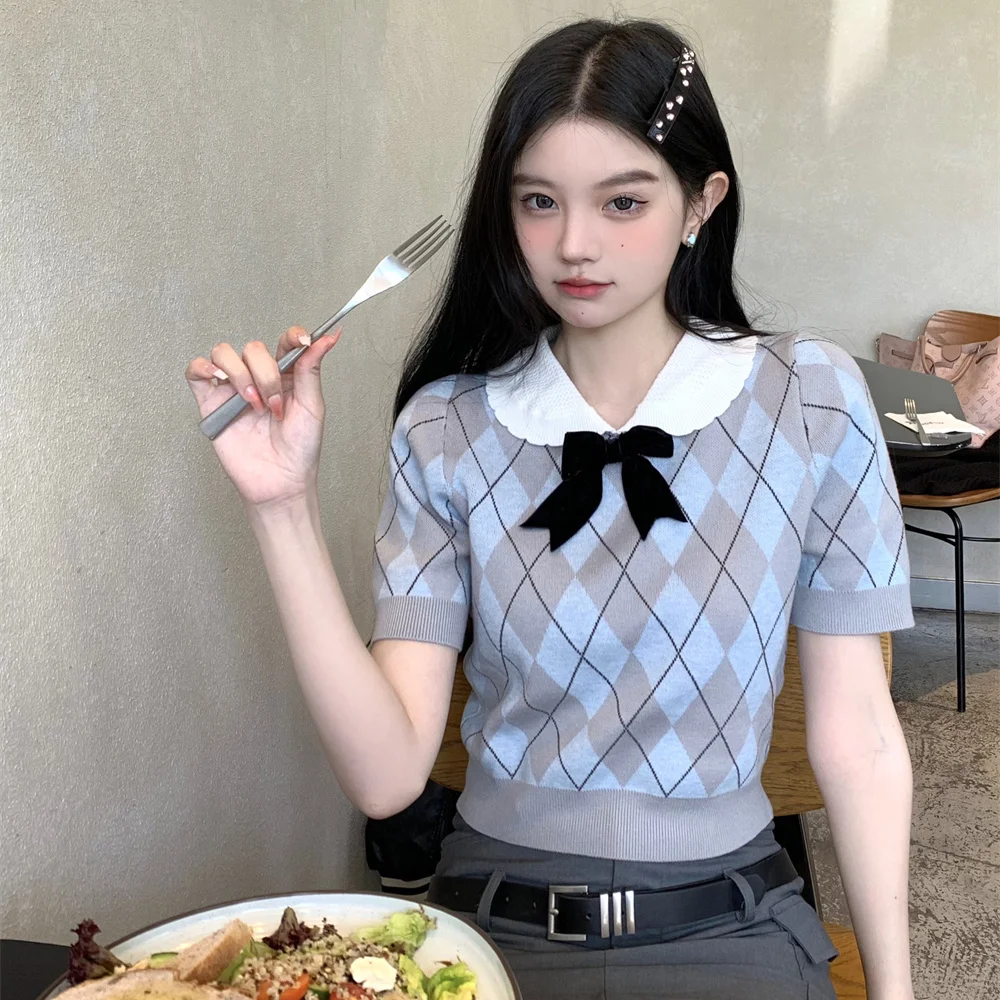 

Sweet Knitting Short SleeveCorset T-Shirts Femme Summer Preppy Style Bow Top Tee Women Clothes Korean Turn-down Collar Pullovers