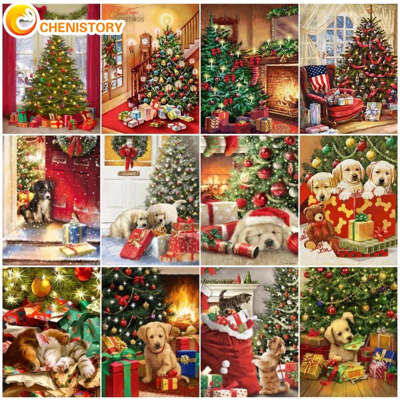 

CHENISTORY Painting By Numbers Kits Indoor Christmas Tree DIY Frame Oil Coloring By Number Acrylic Paint On Canvas For Home Deco