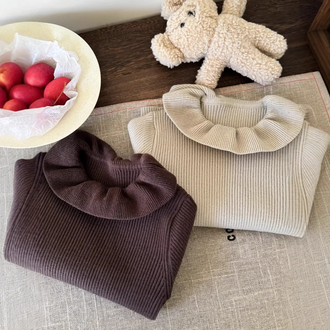 الفتيات سترة الدانتيل كشكش طوق بلوفر مغزول للأطفال الخريف الشتاء الأطفال سترة بلون طفل رضيع وتتسابق