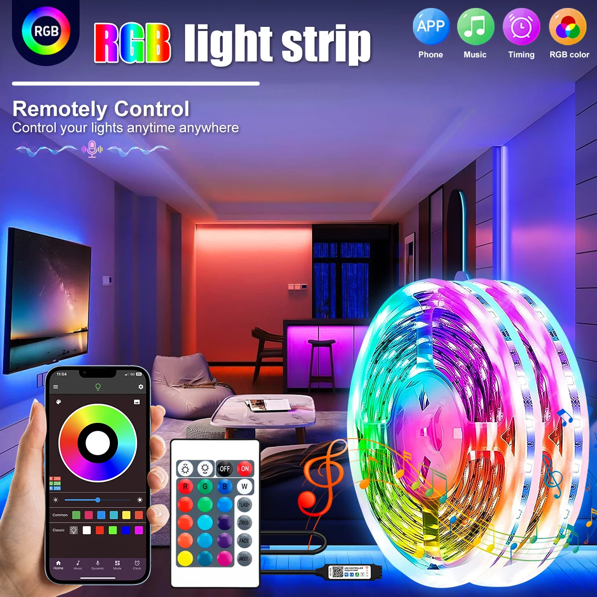 100Ft RGB LED Strip Lights For Bedroom TV Living Room Desk Home Christmas Party Decor,With 24-Key Remote, App Control Rope Light