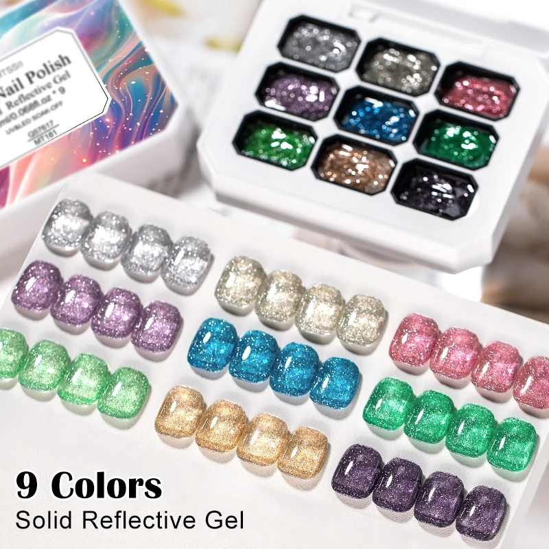 9 Colors Solid Reflective Glitter Gel Nail Polish Dark Flashy Sparkling Glitter Semi Permanent UV Gel Varnish Nail Supplies DIY