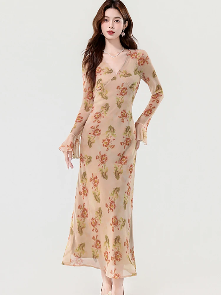 2025 Boho Floral Chiffon Long Sleeve V-Neck Dress Women Elegant Chic Ruffled Long Dress Autumn Korean Fashion Bodycon Prom Dress
