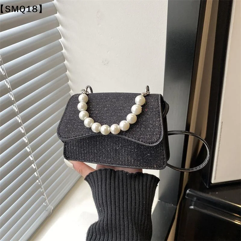 Silver Glitter Crossbody Bag With Faux Pearl Handle Adjustable Strap For Party Shopping SMQ