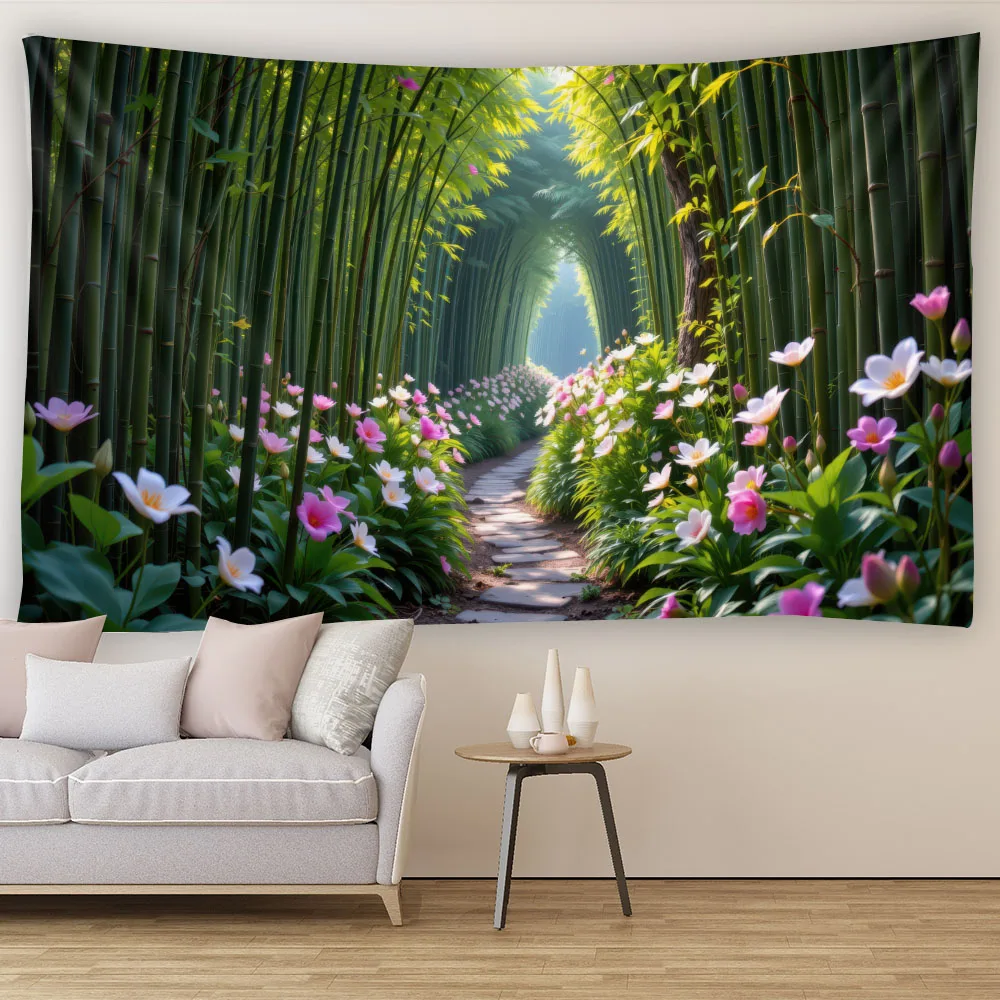

Living room bamboo forest decoration tapestry forest sea sunrise natural scenery decoration background poster home fabric poster