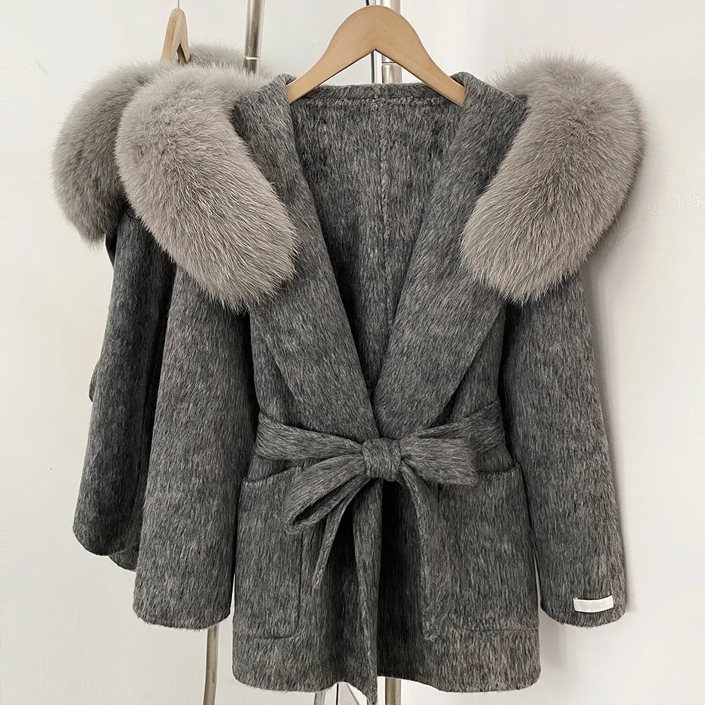 OFTBUY Winter Warme Dicke Wollbekleidung Luxuriöser Taillierter Damen-Wollmantel mit Gürtel und Echtem Pelzkragen Kapuzen-Wollmantel für Damen – Detail 13