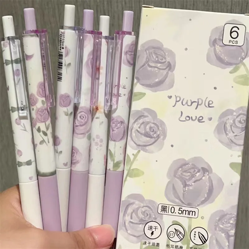 6 Pcs/Set purple rose heart Gel Pens 0.5mm Press Ballpoint Pens Black Ink Writing Pens Office School Stationery Supplies