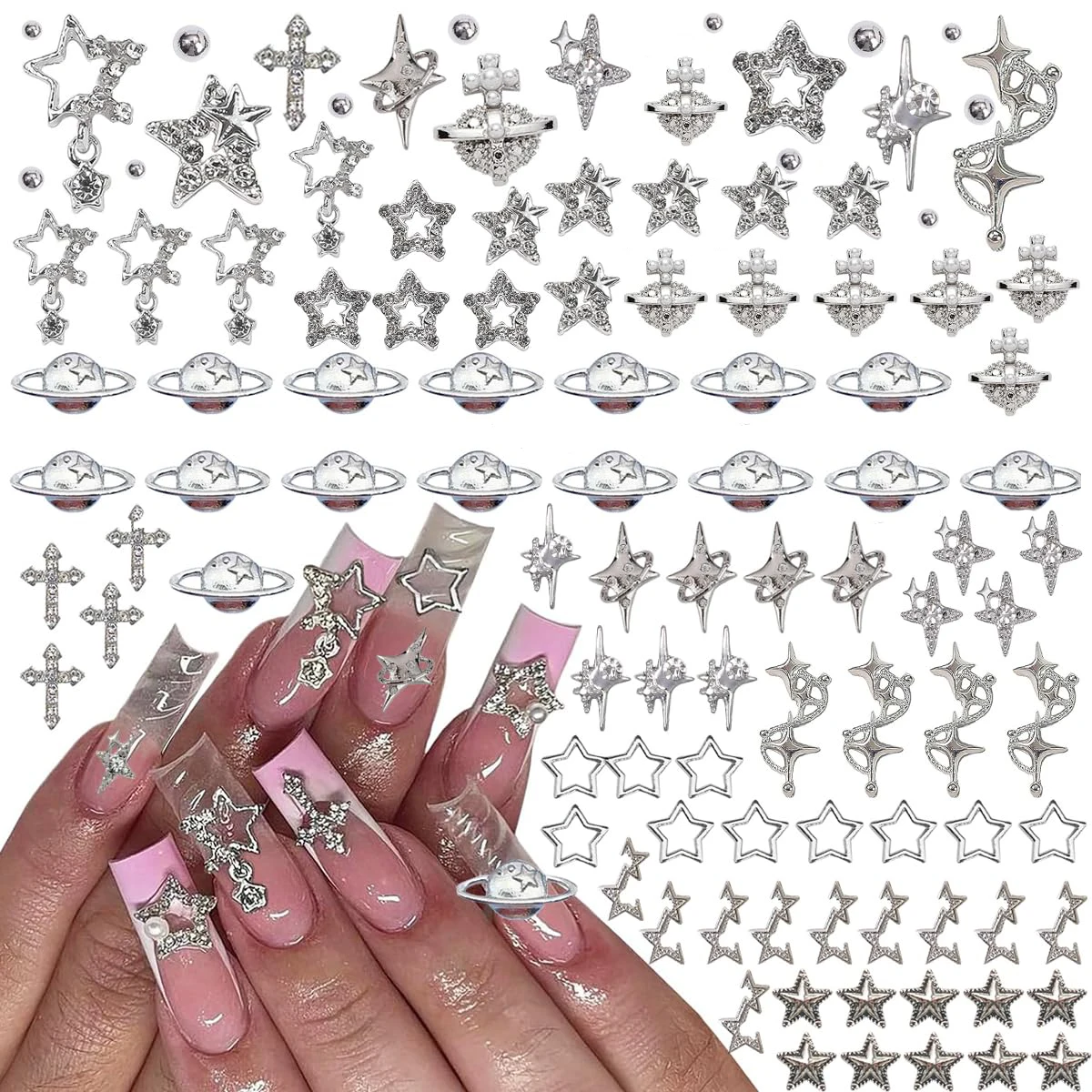 135Pcs Star Nail Charms Rhinestones Gems, Silver Star Planet Cross Nail Decorations Shiny Jewelry for Acrylic Nail Accessories