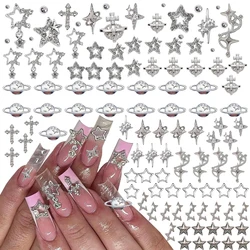 135Pcs Star Nail Charms Rhinestones Gems, Silver Star Planet Cross Nail Decorations Shiny Jewelry for Acrylic Nail Accessories
