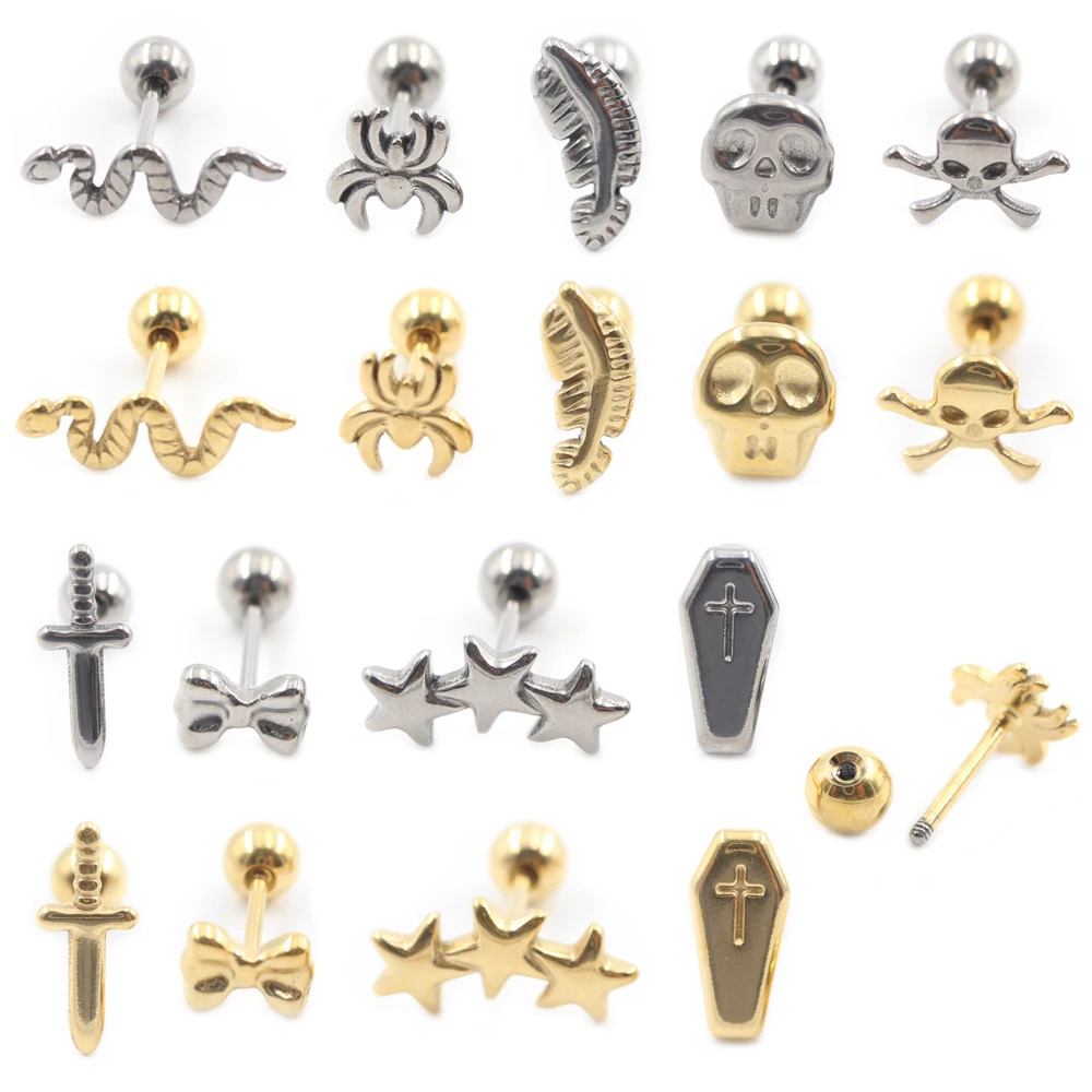 2PC Titanium Cross Spider Snake Skull Sword Bow Feather Star Coffin Ear Stud Cartilage Helix Earring Tongue Ring Pierced Jewelry