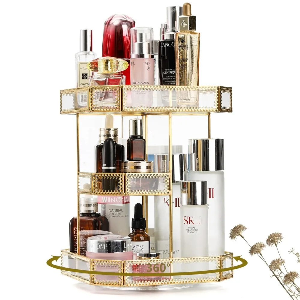 

360-Degree Rotating Glass Makeup Organizer with Gold Trim, Large Storage for Cosmetics and Brushes