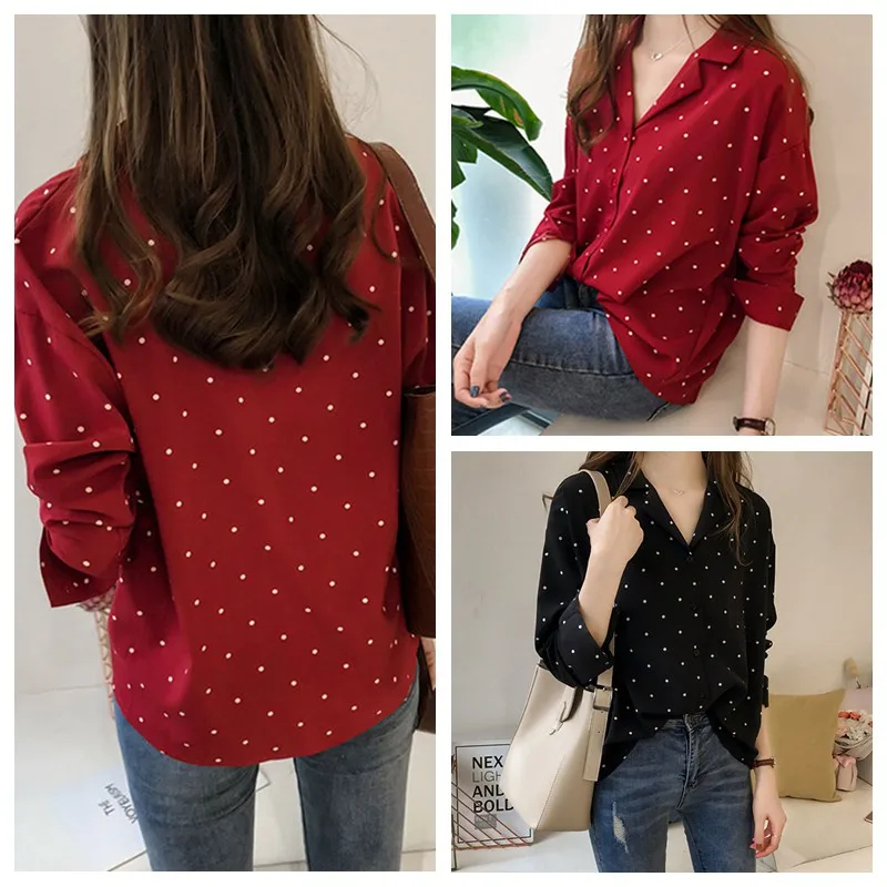 Dot Print Button Turn-down Collar Long Sleeve Women\'s Chiffon Blouse Fashion And Elegant Versatile Shirt