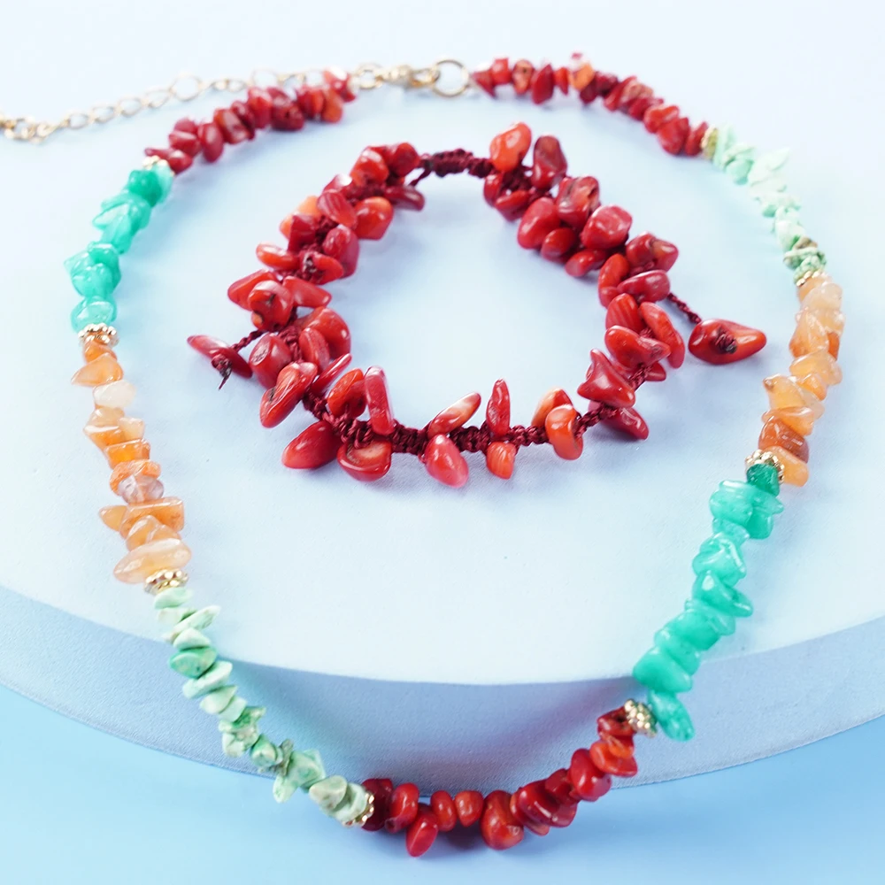 

Bohemian Red Stones Necklaces Bracelet Set For Women Vintage Choker Shell Pendant Statement Party Jewelry Stone Beads Chain
