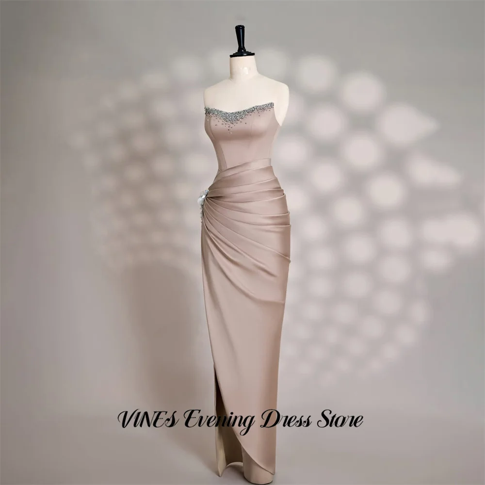 

VINES Nude Pink Elegant Prom Dress Strapless Satin Mermaid Celebrity Dress with Beaded Women's Evening Dress for Gala Customized
