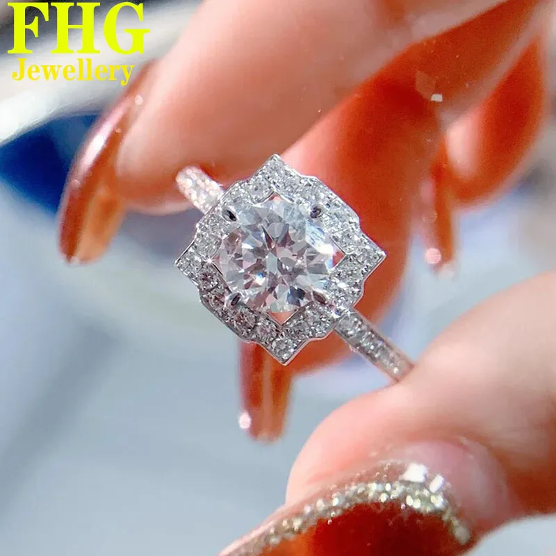 

Au750 Real Solid 18K White Gold Ring Women Engagement Anniversary Wedding Ring Round Moissanite Diamond Ring Flower Trendy