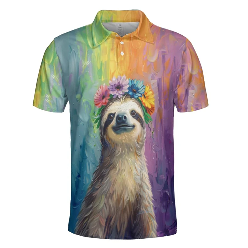 Cute Sloth 3D Printed Polo Shirt For Men Children Cartoon Animal Pattern Short Sleeves Lapel Tees Casual Street Button Shirts image 3