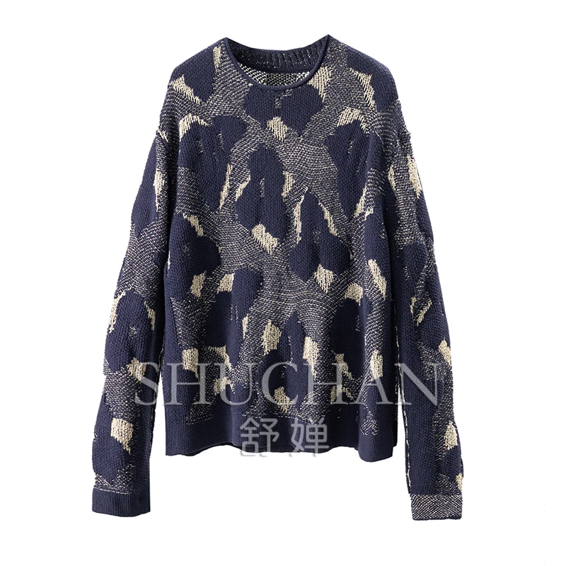 

early autumn, fashionable enough, French lazy two-color double yarn jacquard cotton + linen knitted sweater women 77C9