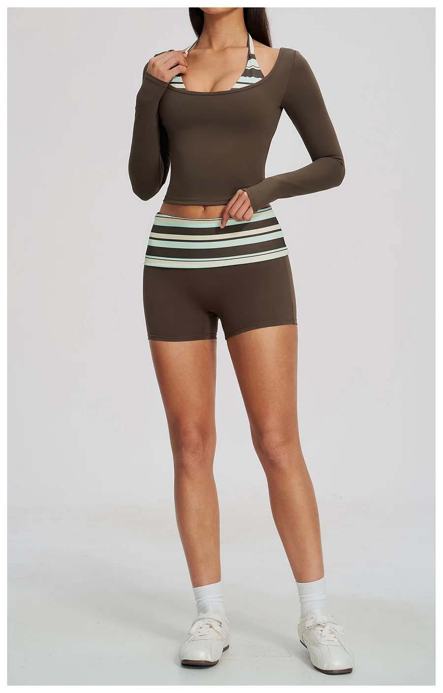 2-teiliges Yoga-Set, Damen-Trainingsanzug, modisches, gestreiftes Workout-Set, Gym-Shorts, Outfit, hochtailliert, Po-Lifting, lange Ärmel, Yoga-Kleidung – Detail 20