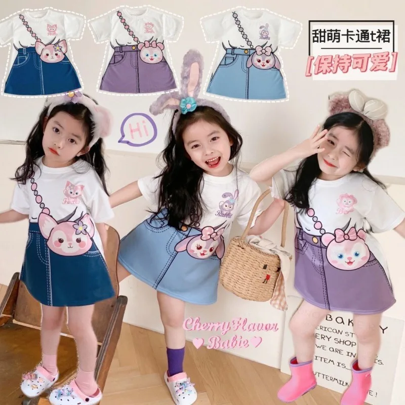 Girls dress new summer children's foreign style cartoon fake two-piece bag skirt baby medium and long skirt T tide