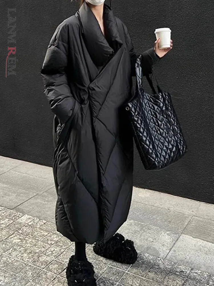 LANMREM Black Cotton Padded Coat Women's Winter New Loose Thick Medium Long Jacket Female Casual Clothing 2024 New 2DB1402