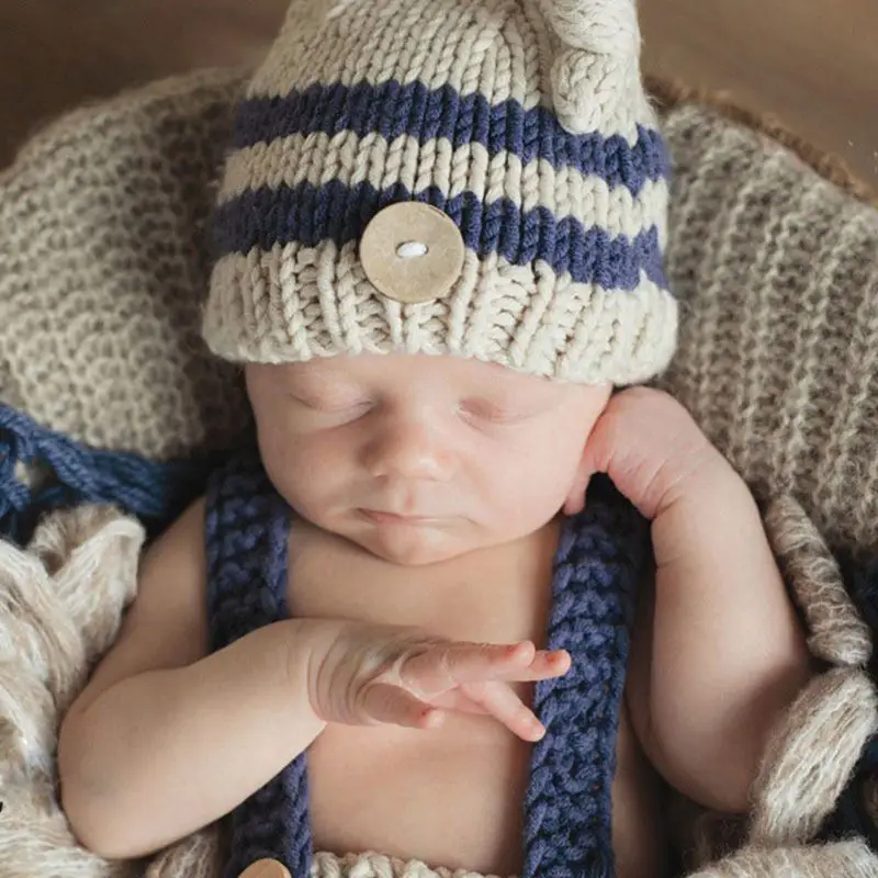 Bebê listrado malha chapéu macacão bebê recém-nascido meninos bonito crochê malha traje fotografia prop outfits foto