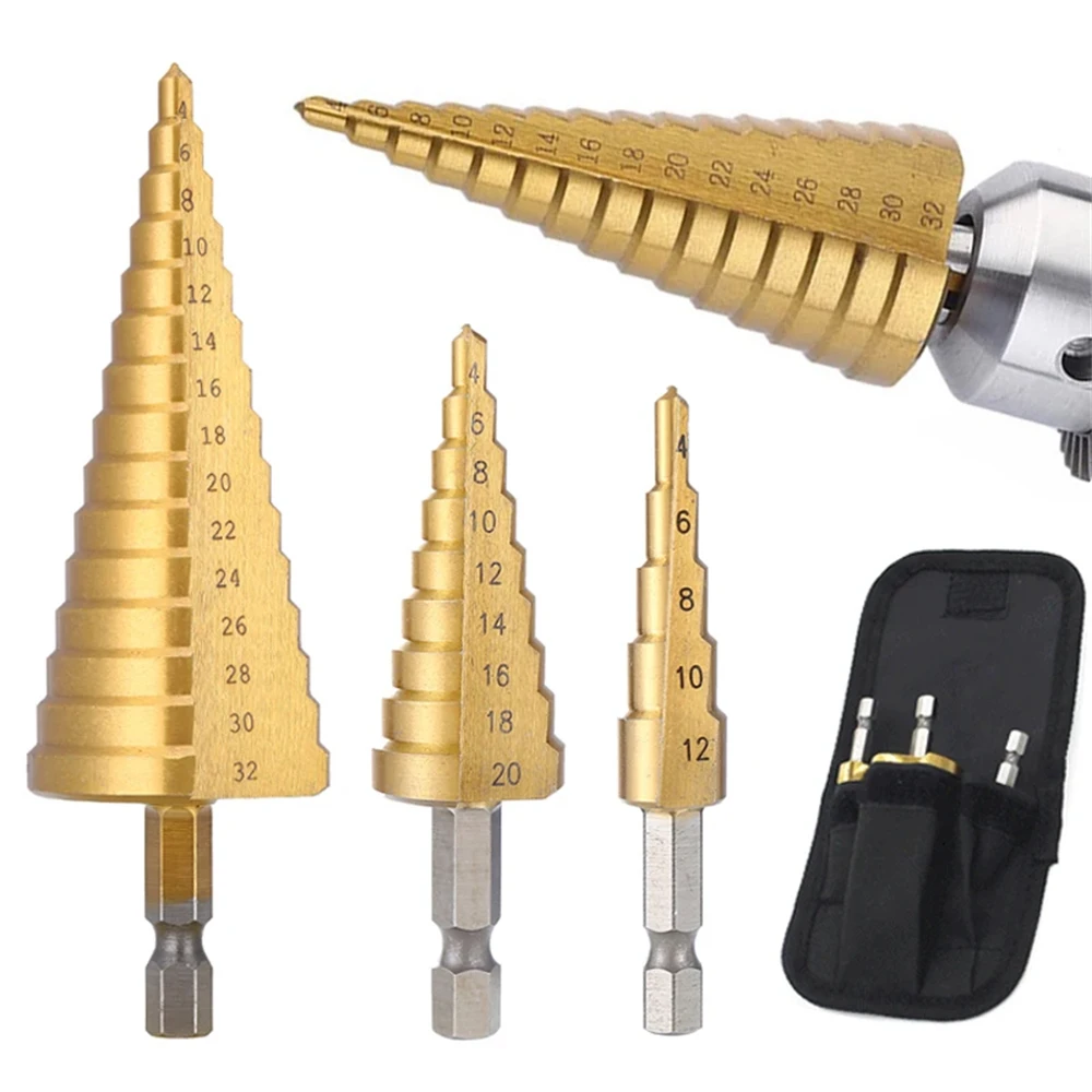 

Titanium Coated Step Drill Bit for Metal Wood,4-12mm 4-20mm 4-32mm Opener Hole Cutter,Woodworking High Speed Steel Drill Bit Set